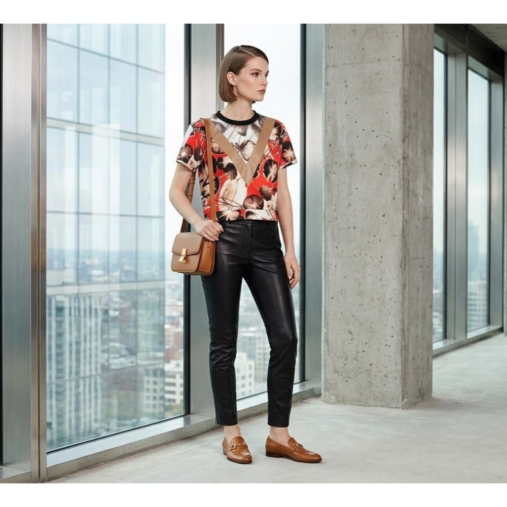 Trussardi Italy Floral Print Short Sleeve Top Leather Accent Sheer Blouse XS